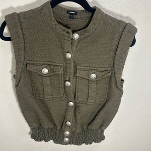 Express Women’s Olive Green Knit Button-Up Smocked Sleeveless Blouse Sz S